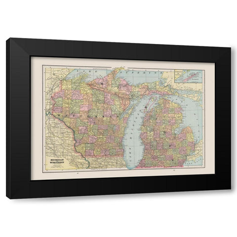 Michigan, Wisconsin - Cram 1892 Black Modern Wood Framed Art Print by Cram
