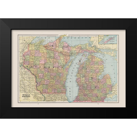 Michigan, Wisconsin - Cram 1892 Black Modern Wood Framed Art Print by Cram