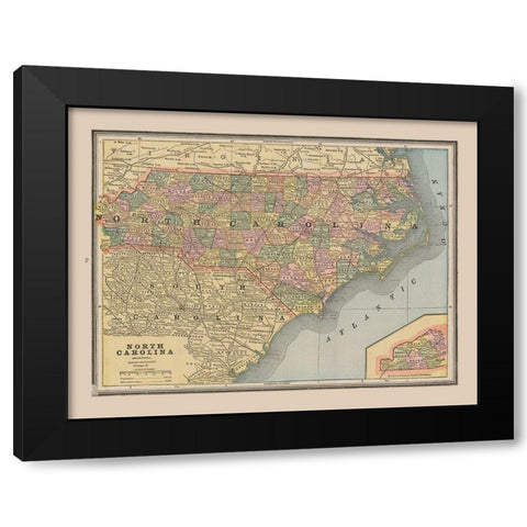 North Carolina, United States - Cram 1888 Black Modern Wood Framed Art Print with Double Matting by Cram