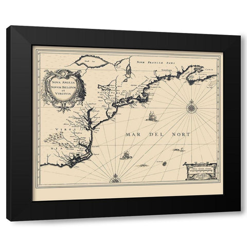 New England to Virginia Dutch Map - Janbonius 1642 Black Modern Wood Framed Art Print with Double Matting by Janbonius