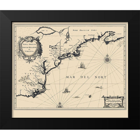 New England to Virginia Dutch Map - Janbonius 1642 Black Modern Wood Framed Art Print by Janbonius