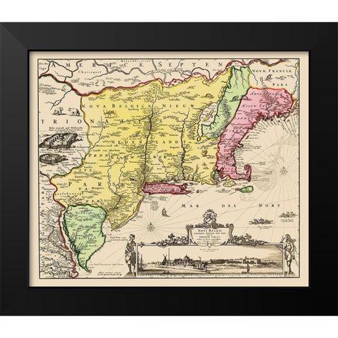 New England, Virginia to Maine State Black Modern Wood Framed Art Print by Visscher