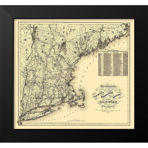 New Haven, Middletown and Boston 1867 Black Modern Wood Framed Art Print by Colton