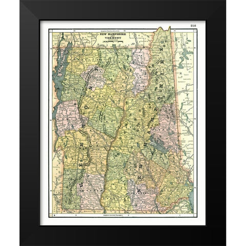 New Hampshire, Vermont - Johnson 1888 Black Modern Wood Framed Art Print by Johnson