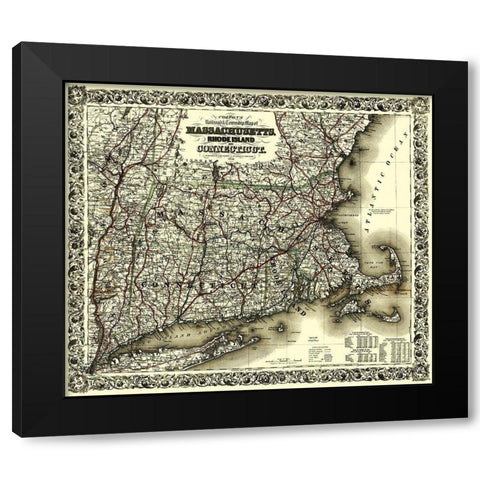 Massachusetts, Rhode Island, Connecticut 1853 Black Modern Wood Framed Art Print with Double Matting by Colton