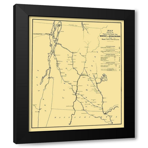 Boston to Burlington Proposed Railroad 1844 Black Modern Wood Framed Art Print by Bufford