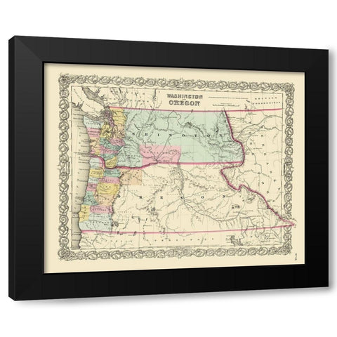 Washington, Oregon - Colton 1853 Black Modern Wood Framed Art Print by Colton