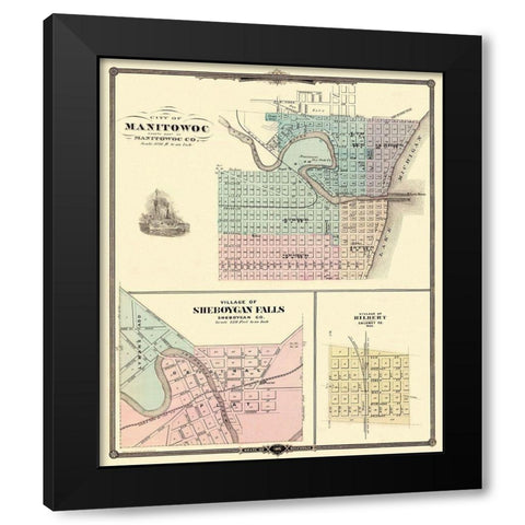 Manitowoc, Sheboygan Falls Wisconsin - Snyder 1878 Black Modern Wood Framed Art Print with Double Matting by Snyder