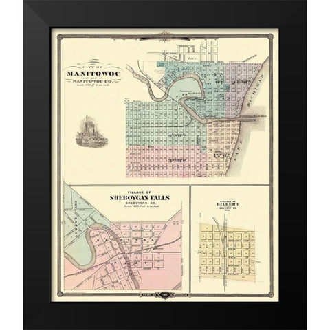 Manitowoc, Sheboygan Falls Wisconsin - Snyder 1878 Black Modern Wood Framed Art Print by Snyder