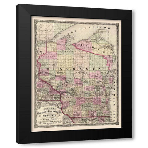 Wisconsin Railroads and Townships - Cram 1875 Black Modern Wood Framed Art Print with Double Matting by Cram