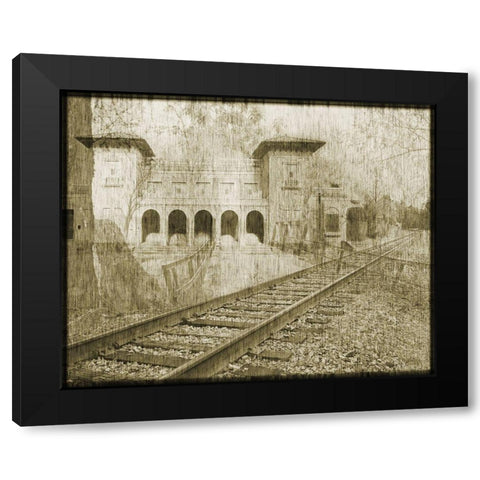 Station Railriad Collage Black Modern Wood Framed Art Print with Double Matting by Simons