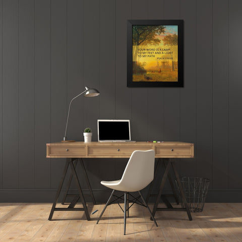Bible Verse Quote Psalm 119:105, Albert Bierstadt, Light in the Forest Black Modern Wood Framed Art Print by ArtsyQuotes