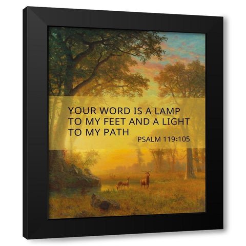 Bible Verse Quote Psalm 119:105, Albert Bierstadt, Light in the Forest Black Modern Wood Framed Art Print by ArtsyQuotes