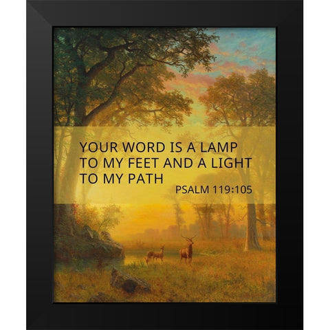 Bible Verse Quote Psalm 119:105, Albert Bierstadt, Light in the Forest Black Modern Wood Framed Art Print by ArtsyQuotes