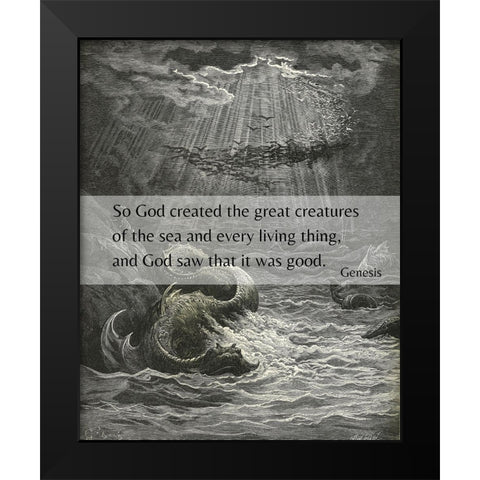 Bible Verse Quote Genesis 1:21, Gustave Dore - Creation of the Fish and Birds Black Modern Wood Framed Art Print by ArtsyQuotes