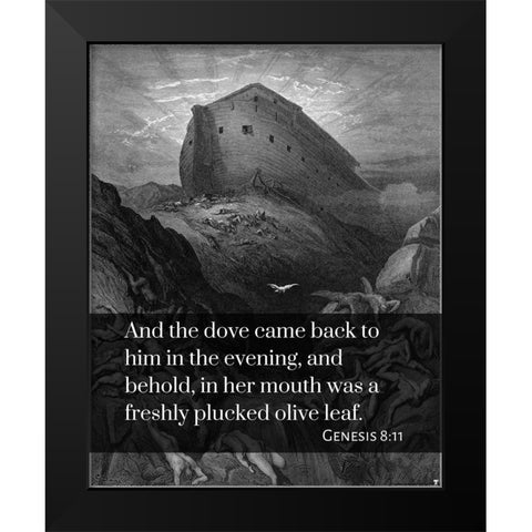 Bible Verse Quote Genesis 8:11, Gustave Dore - The Dove sent forth from the Ark Black Modern Wood Framed Art Print by ArtsyQuotes