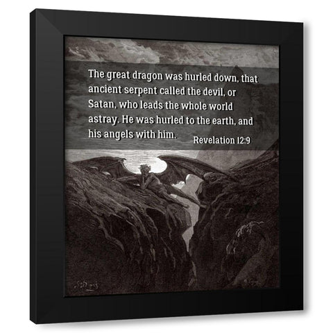 Bible Verse Quote Revelation 12:9, Gustave Dore - Satan Resting on the Mountain Black Modern Wood Framed Art Print by ArtsyQuotes