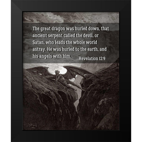 Bible Verse Quote Revelation 12:9, Gustave Dore - Satan Resting on the Mountain Black Modern Wood Framed Art Print by ArtsyQuotes