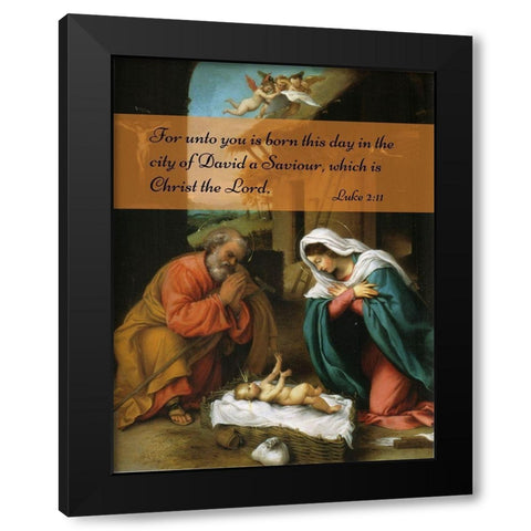 Bible Verse Quote Luke 2:11, Lorenzo Lotto - Nativity of Christ Black Modern Wood Framed Art Print with Double Matting by ArtsyQuotes