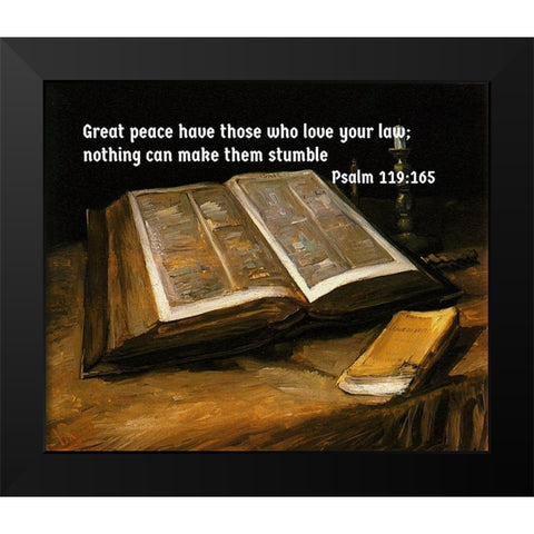 Bible Verse Quote Psalm 119:165, Vincent van Gogh - Still Life with Bible Black Modern Wood Framed Art Print by ArtsyQuotes
