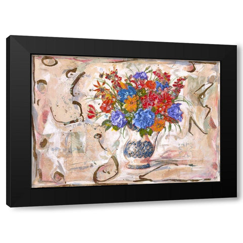 Blue Red Flowers Black Modern Wood Framed Art Print by Wiley, Marta