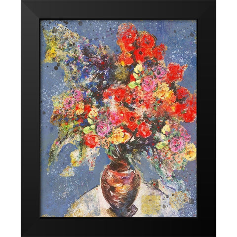 Red And Blue Floral Black Modern Wood Framed Art Print by Wiley, Marta