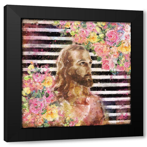 Jesus Rock Star Floral Black Modern Wood Framed Art Print with Double Matting by Wiley, Marta