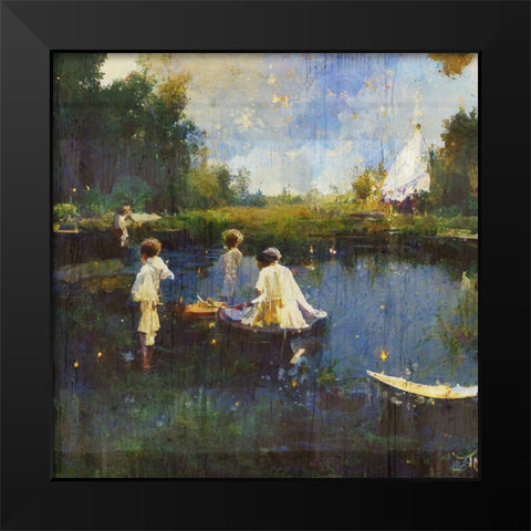 Children playing with boats I Black Modern Wood Framed Art Print by Wiley, Marta