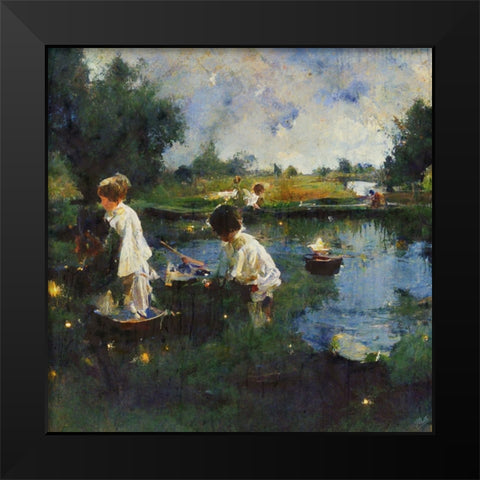 Children Playing With Boats II Black Modern Wood Framed Art Print by Wiley, Marta