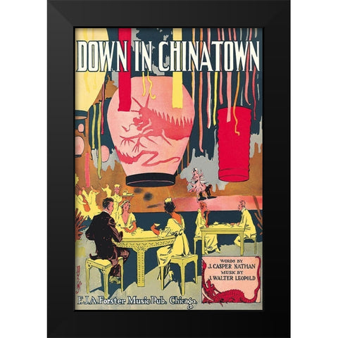 Down in Chinatown Black Modern Wood Framed Art Print by Duli