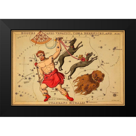 Bootes Canes Venatici, Coma Berenices, and Quadrans Muralis, 1825 Black Modern Wood Framed Art Print by Aspin, Jehoshaphat