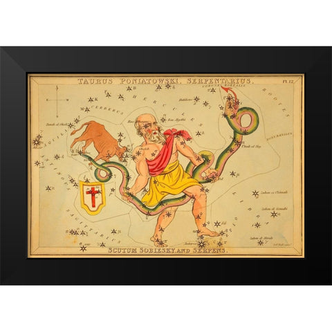 Taurus Poniatowski, Serpentarius, Scutum Sobiesky, and Serpens, 1825 Black Modern Wood Framed Art Print by Aspin, Jehoshaphat