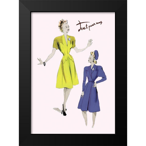 Knee-Length Dresses in Blue and Yellow, 1947 Black Modern Wood Framed Art Print by Unknown