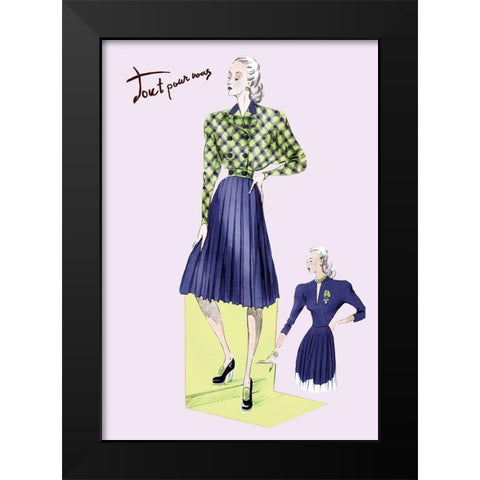 Pleated Dress with Plaid Jacket, 1947 Black Modern Wood Framed Art Print by Unknown