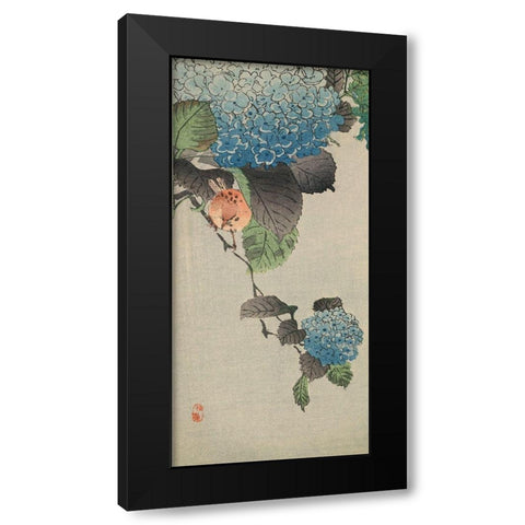 Small bird and hydrangea Black Modern Wood Framed Art Print by Unknown