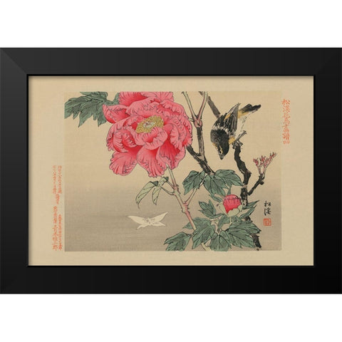 Bird watching a Butterfly Black Modern Wood Framed Art Print by Unknown