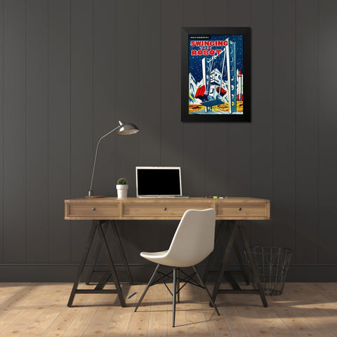 Swinging Baby Robot Black Modern Wood Framed Art Print by Retrobot