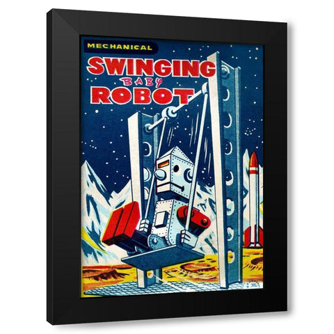 Swinging Baby Robot Black Modern Wood Framed Art Print with Double Matting by Retrobot