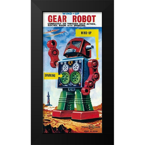 Wind-up Gear Robot Black Modern Wood Framed Art Print by Retrobot