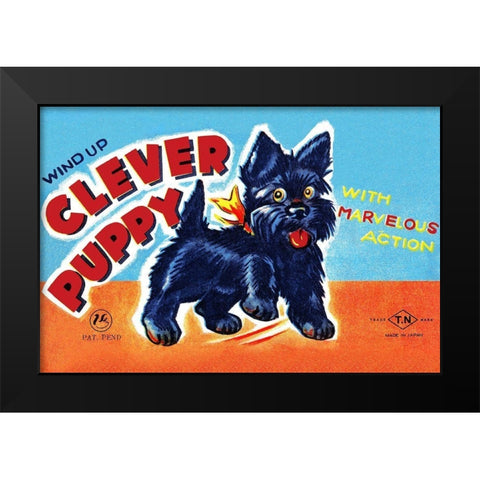 Wind Up Clever Puppy Black Modern Wood Framed Art Print by Retrobot