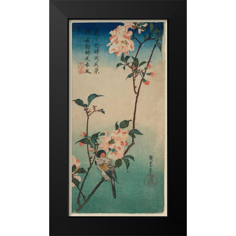 Small bird on a branch of Kaidozakura Black Modern Wood Framed Art Print by Hiroshige, Ando