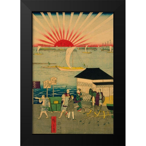 Famous places in Tokyo: real view of Takanawa #2 Featuring the Rising Sun. Black Modern Wood Framed Art Print by Hiroshige, Utagawa