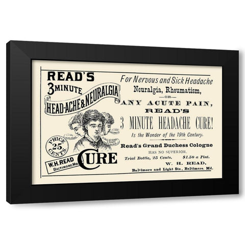 Reads 3 minute Head-Ache and Neuralgia Cure Black Modern Wood Framed Art Print with Double Matting by Advertisement