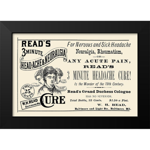 Reads 3 minute Head-Ache and Neuralgia Cure Black Modern Wood Framed Art Print by Advertisement