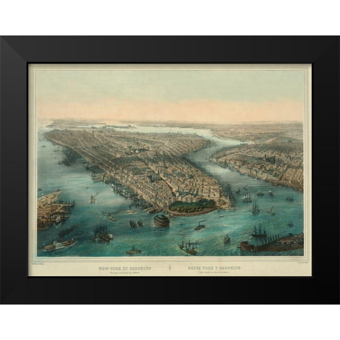 Birds-eye view of Manhattan, New York Black Modern Wood Framed Art Print by Unknown