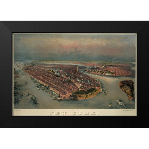 Birds-eye view of Manhattan, New York Black Modern Wood Framed Art Print by Unknown