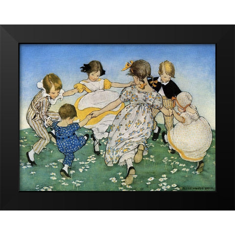 Girls in Circle - Ring Around the Rosie Black Modern Wood Framed Art Print by Smith, Jesse Willcox
