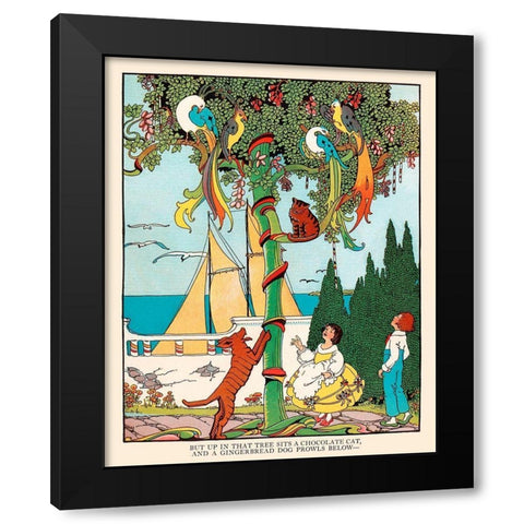 Gingerbread dog chases the Cat and Birds Black Modern Wood Framed Art Print with Double Matting by Field, Eugene