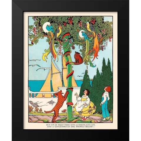 Gingerbread dog chases the Cat and Birds Black Modern Wood Framed Art Print by Field, Eugene