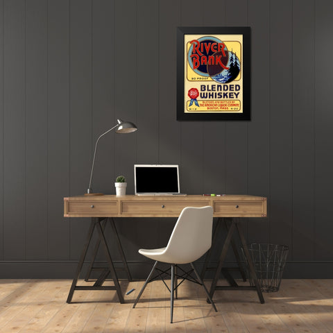 River Bank Blended Whiskey Black Modern Wood Framed Art Print by Vintage Booze Labels